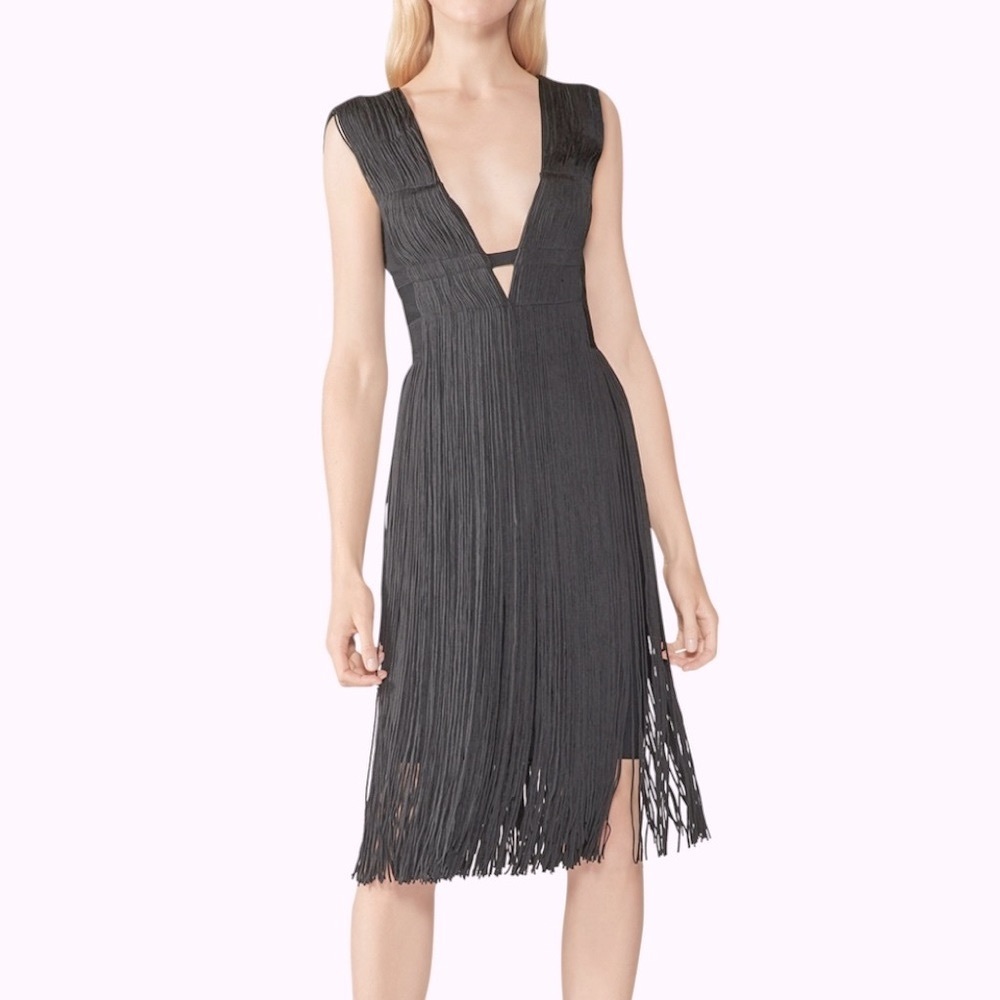 Herve Leger Cutout Fringe V-Neck Dress